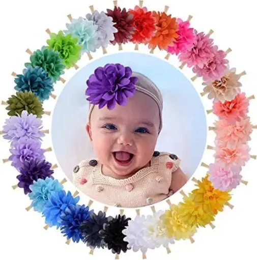 

60 шт./30 цветов, Классическая однотонная шифоновая Цветочная нейлоновая повязка на голову 4,3 дюйма для маленьких детей и девочек, искусственн...