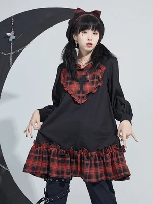 

Женское красное клетчатое платье в стиле Харадзюку, Осеннее модное милое платье с длинным рукавом в стиле "Лолита", милое платье