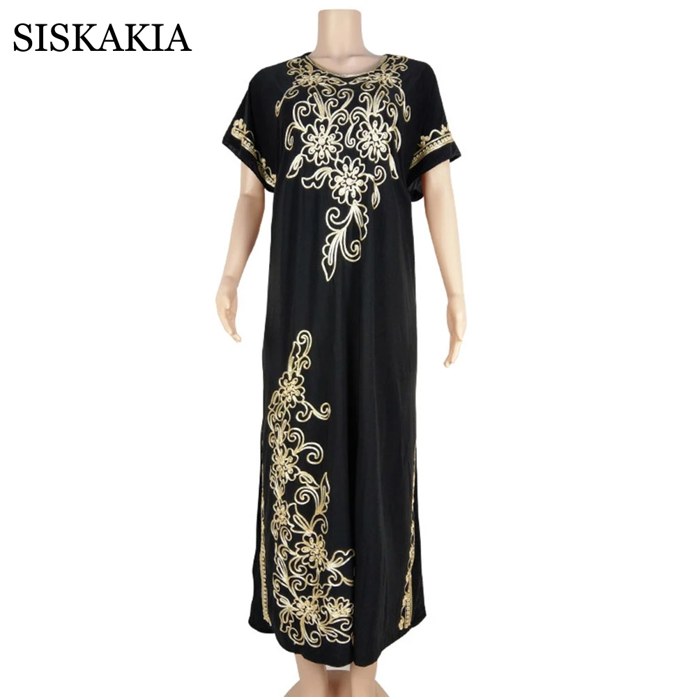 Ramadan Kasual Muslim Jilbab Gaun untuk Wanita 2021 Hitam Vintage Etnis Bordir Lengan Pendek Arab Turki Indonesia Pakaian