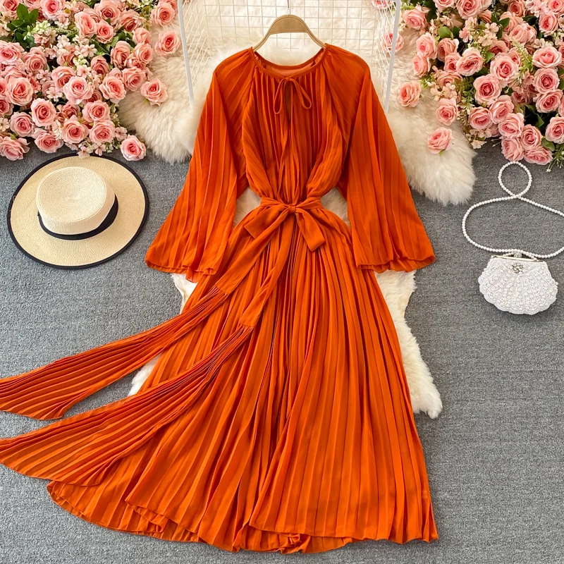 

Autumn Red/Orange/Purple Bandage Pleated Dress Elegant O-Neck Long Sleeve High Waist A-Line Draped Vestidos Party Robe 2021 New