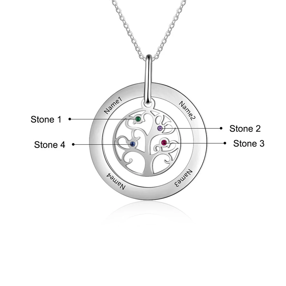 4 names-4 stones JewelOra персонализированные Дерево жизни ожерелье с зодиакальным камнем из нержавеющей стали имя кулон с гравировкой семейный подарок для мать бабушка - Окраска металла: 4 names-4 stones