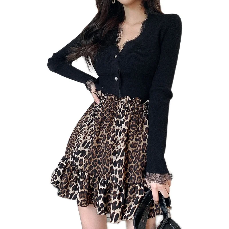 

JXMYY The new two-piece 2020 winter Korean style slim knitted lace trim top waist leopard print skirt suit