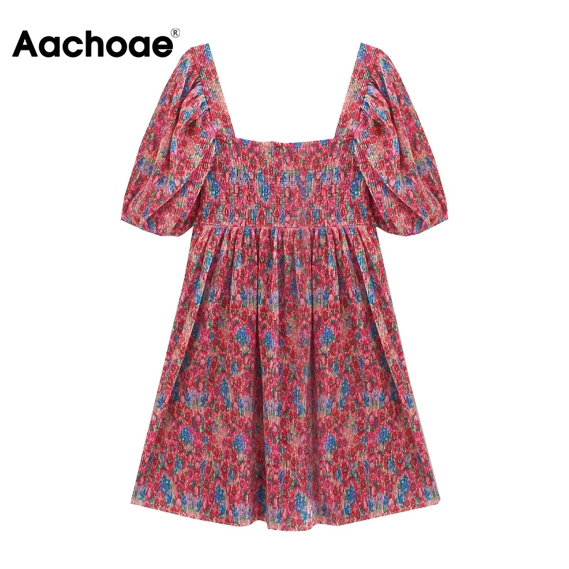 

Мини-платье женское ТРАПЕЦИЕВИДНОЕ с цветочным принтом, квадратным вырезом и коротким рукавом