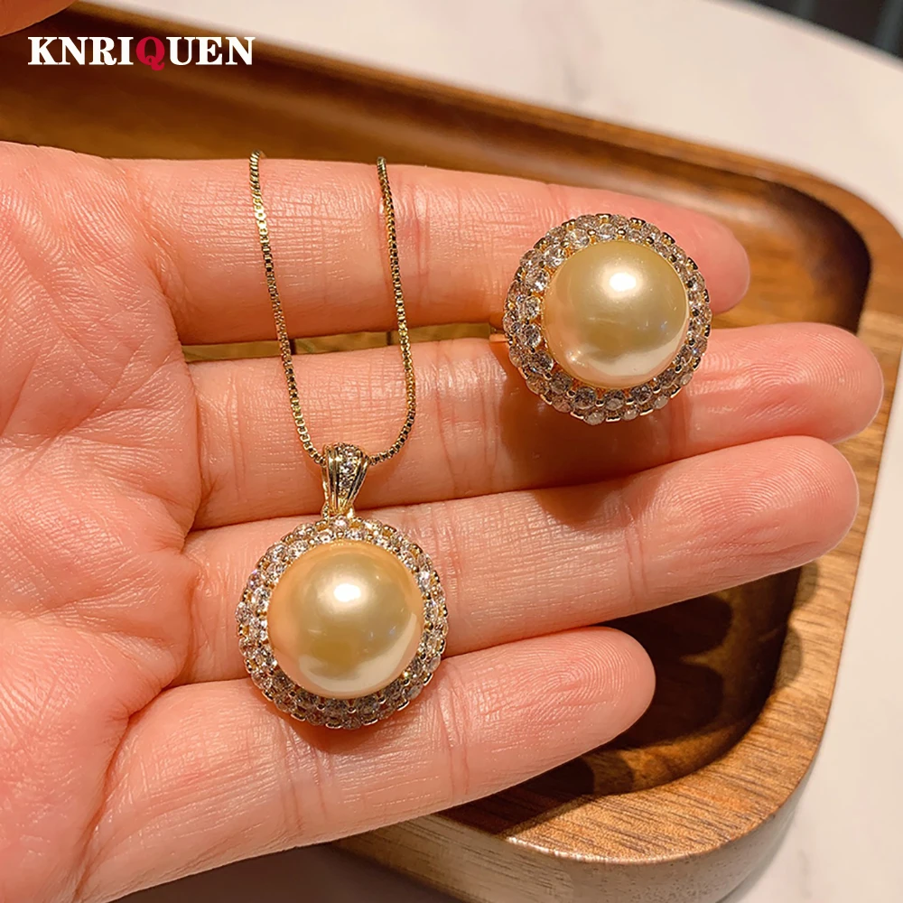 

2021 Trend 14mm Big Pearl Jewelry Sets Pendant Necklace Ring for Women Lab Diamond Wedding Engagement Jewel Anniversary Gifts
