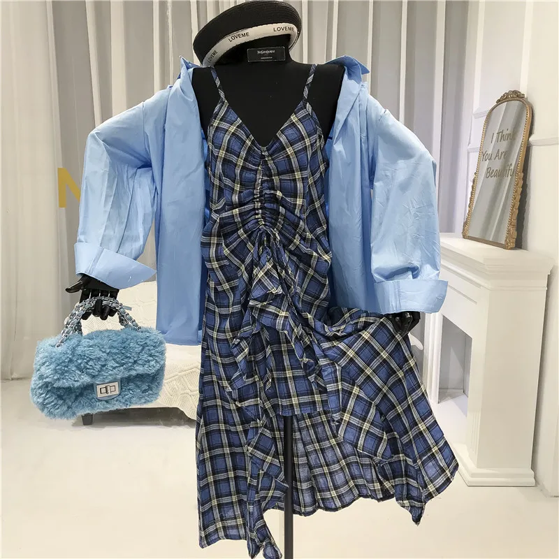 

Plaid Spaghetti Strap Dress Women 2020 Cotton Blend Sleeveless Draped Mid-Calf New Dresses 2020 Women's Dress for Everyday