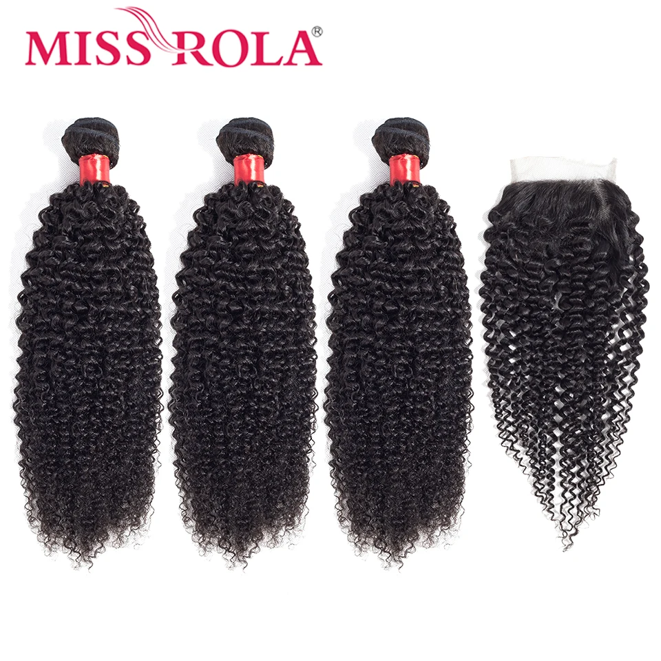 Miss Rola Hair Brazilian Hair Weave 100% Human Hair Kinky Curly 3 Bundles With Closure Non Remy Hair Extensions Natural Color