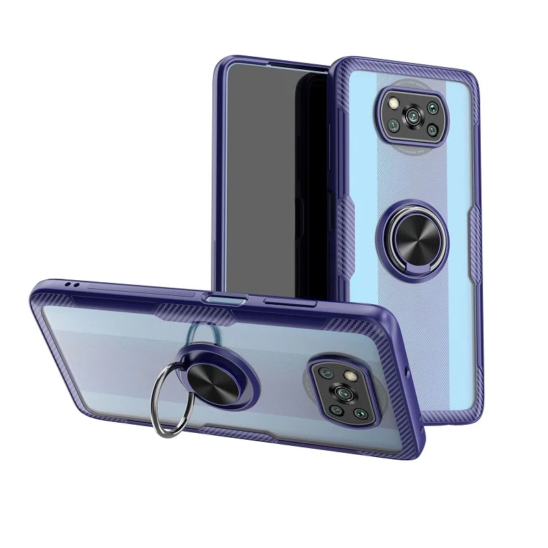 

2 In 1 Soft TPU Frame + Hard PC Backplane Transparent Phone Cover With Magnetic Metal Ring Stand For Xiaomi Poco X3 Pro NFC