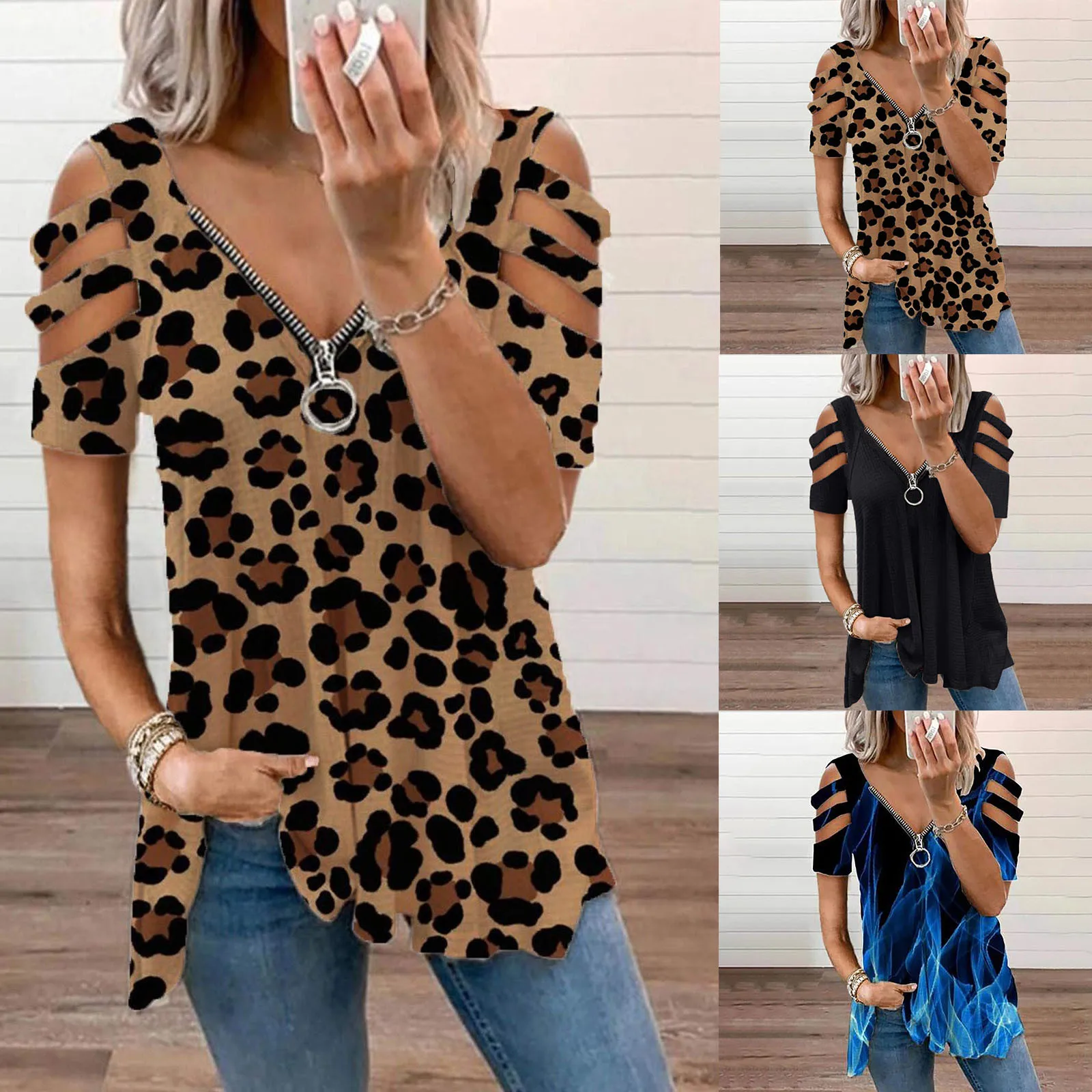 

Spring and Summer Women's Leopard Print Off Shoulder Zipper T-shirt Casual Slim Tops Retro Geometric Pattern Short Sleeve Tees