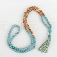 8mm 108 knot natural painting stone blue turquoise buddha head bracelet all saints day mental classic taseel blessing chain