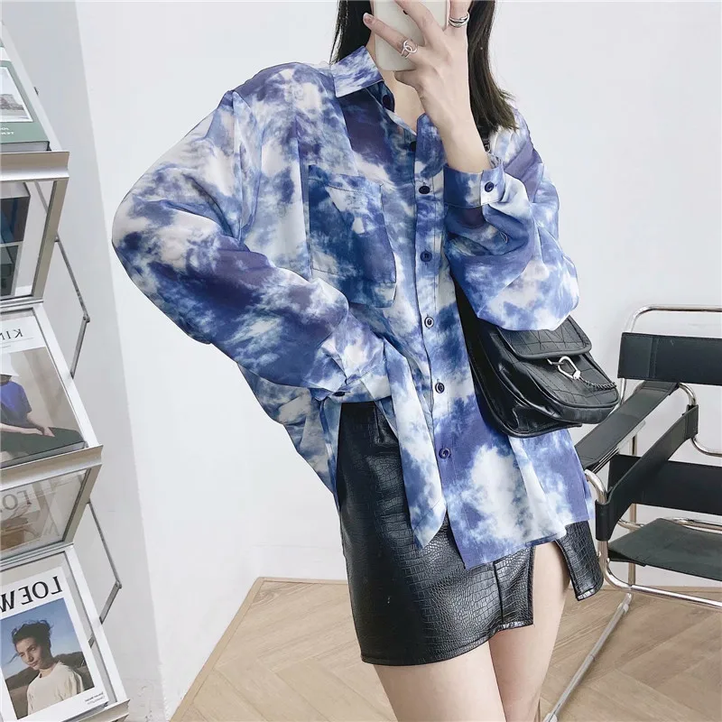 

Женская свободная рубашка с длинным рукавом, универсальная тонкая шифоновая блузка с принтом в уличном стиле, весна-лето