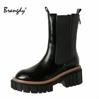brangdy new cow leather womens boots spring autumn basic solid color ladies high heeled shoes platform square heel model party