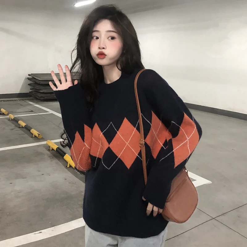 Свободный вязаный женский свитер черные пуловеры оверсайз с круглым вырезом на