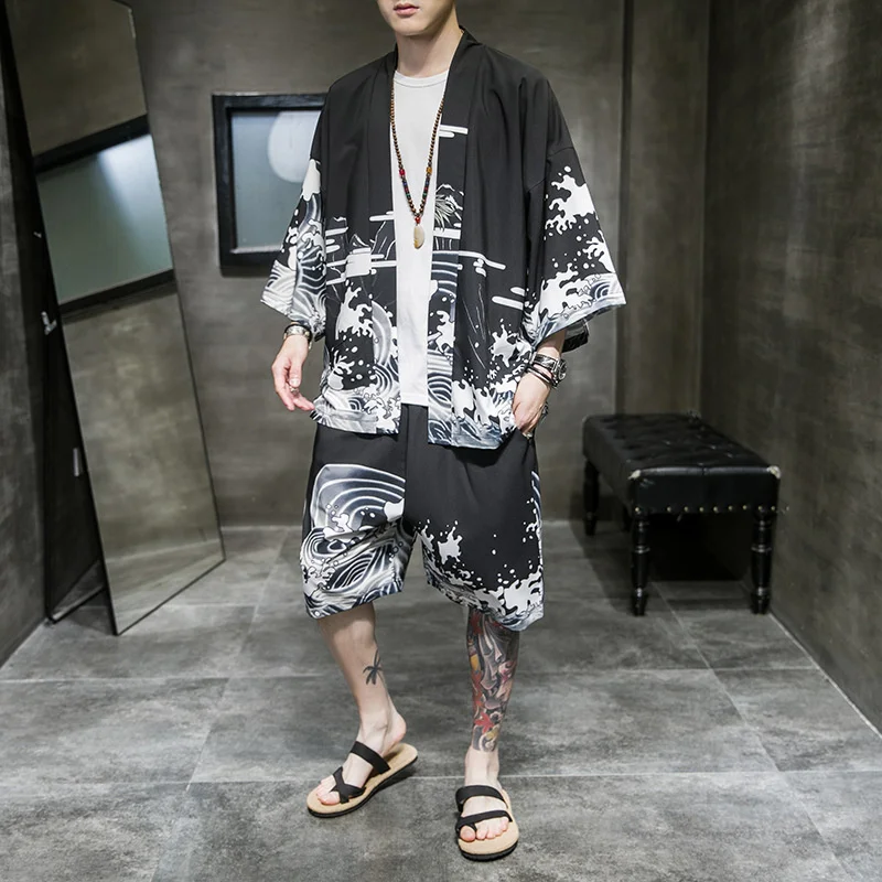 

Kimono Cardigan Suit Men Japanese Summer Shorts Set Yukata Men's Haori Obi Japanese Wave Print Coat Traditional Japan Clothing