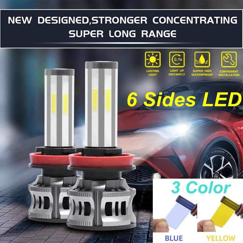 Автомобильная лампа H4 H7 LED 6 сторон 3 цвета H11 9005 HB3 9006 HB4 COB светодиодный