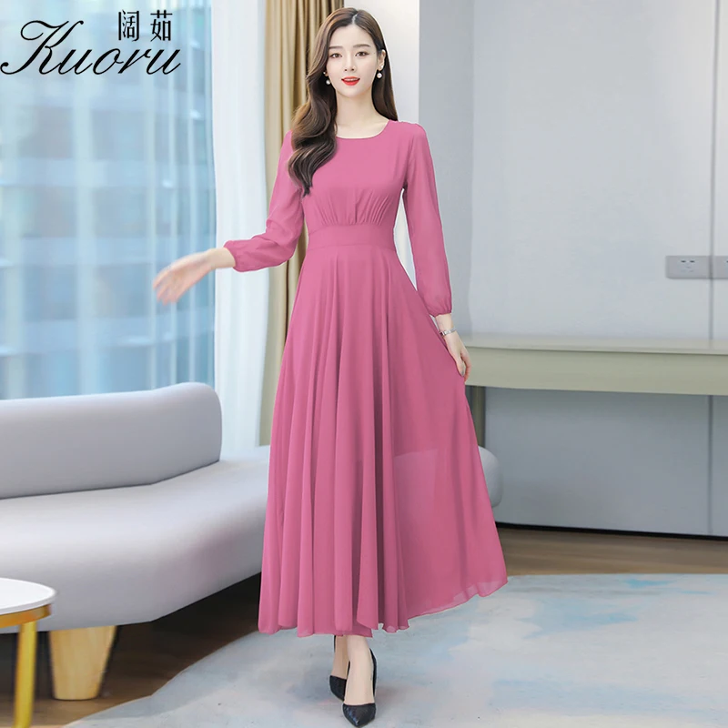 Платье женское шифоновое средней длины с длинным рукавом и круглым вырезом