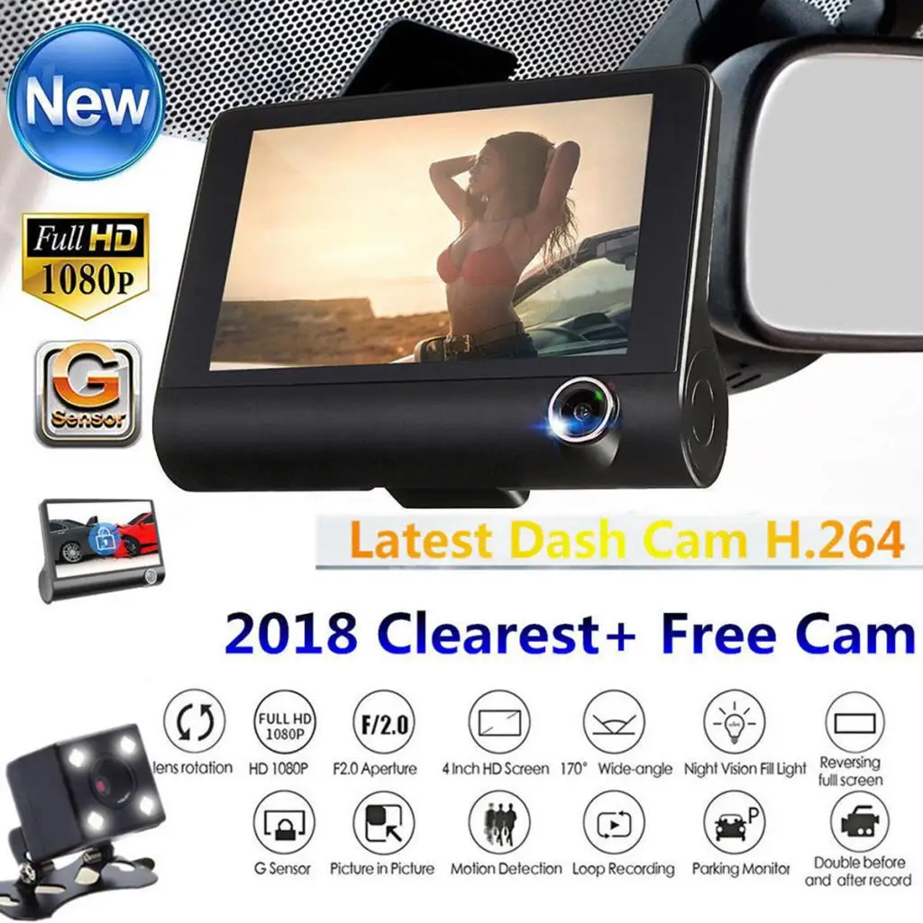 

3 Lens 4' Car Rear View Reverse Backup Camera HD Video Recorder