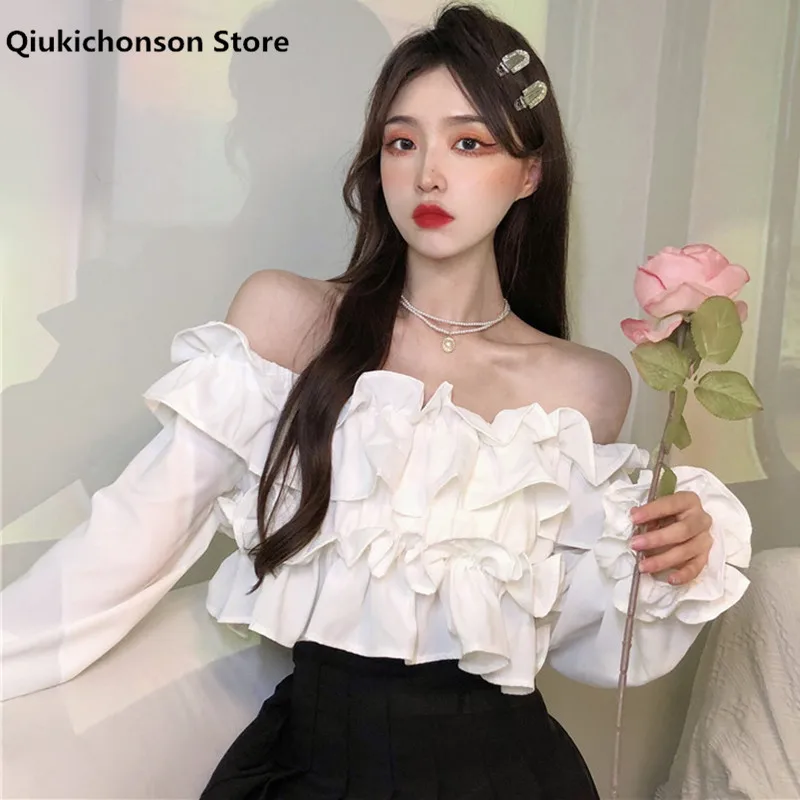 

Qiukichonson Spring Autumn Women Crop Top Long Sleeve Korean Style Cute Soft Girl Ruffle Off Shoulder Tops Ladies camisetas