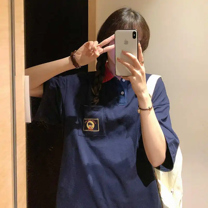 Рубашка поло в японском ретро стиле футболка с коротким рукавом женский летний