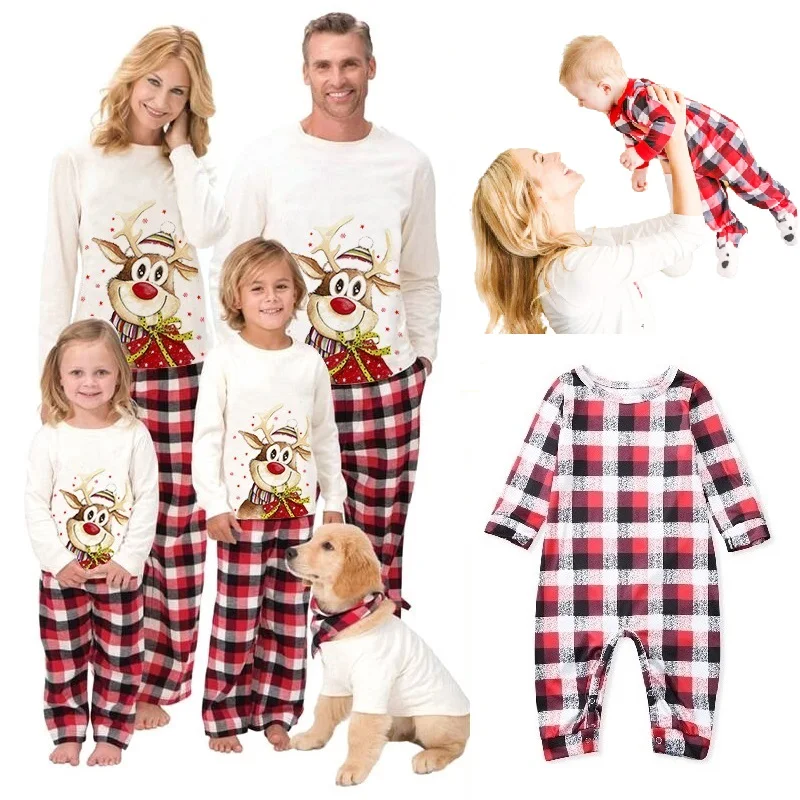

Christmas Deer Pajamas Family Matching Outfits Plaid Father Mother Kids Baby & Dog Xmas Sleepwear Mommy and Me Pj's Clothes 2021