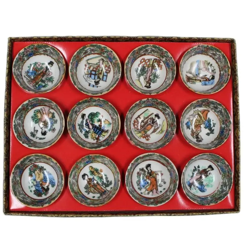 

Chinese Old Porcelain Teacups Twelve Ancient Beauty Painting Pink Flower Patterns Teacups