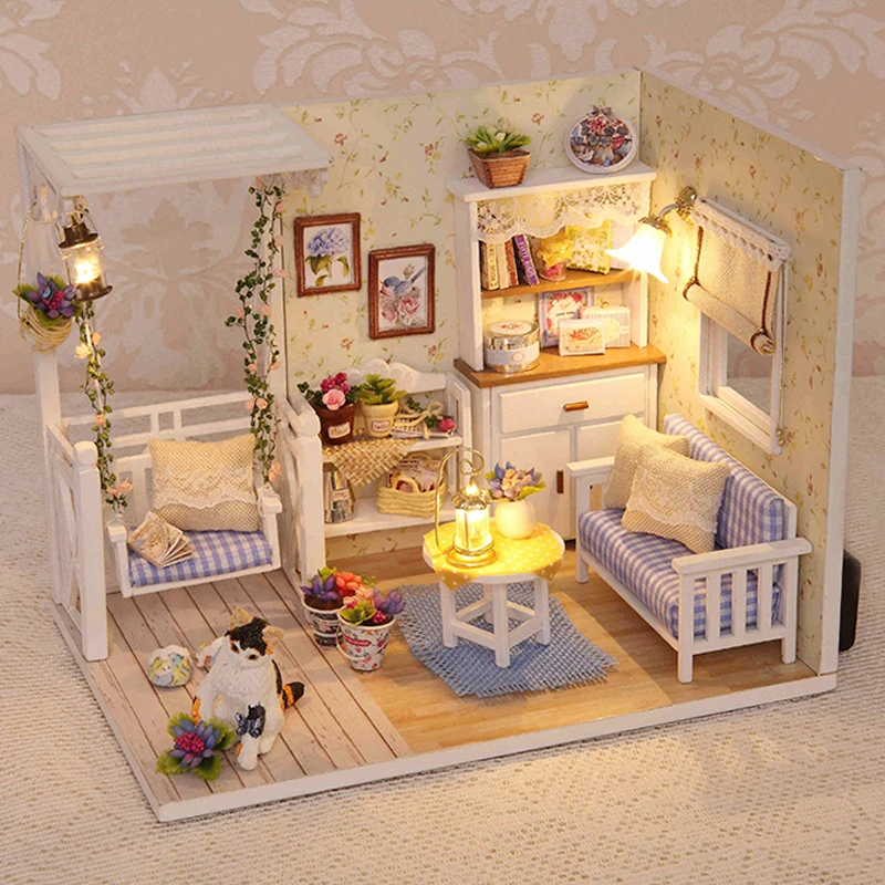 

Cutebee Diy Dollhouse kit with Dust Cover Wooden Doll House Miniatures Kit Dollhouse Furniture Accessories Toys for Children
