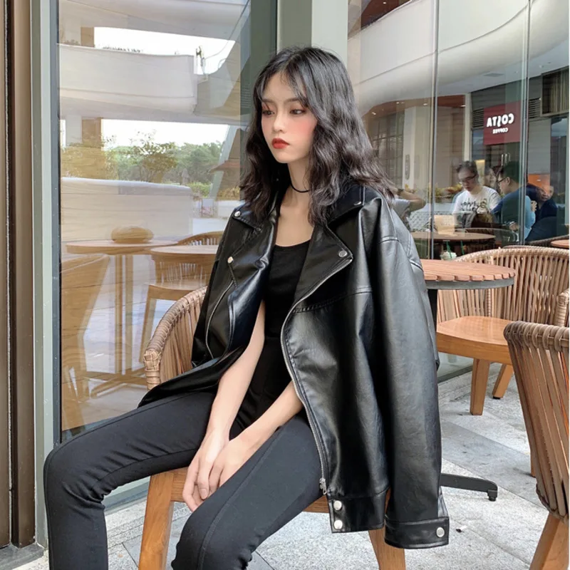 Women Loose Pu Leather Jacket Black Soft Faux Leather Street Coat Casual Outerwear Veste Femme Casaco Feminino Jaqueta Chaquetas