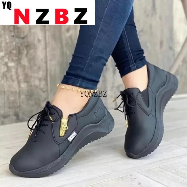 

New Women's Shoes Fashion Trend Personality Solid Color PU Round Toe Lace Side Zipper Thick Sole Comfortable Casual Shoes