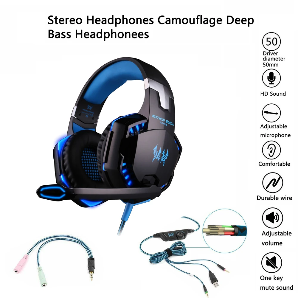G2000 Gaming Headsets Big Headphones with Light Mic Stereo Earphones Deep Bass for PC Computer Gamer Laptop PS4 New X-BOX | Электроника