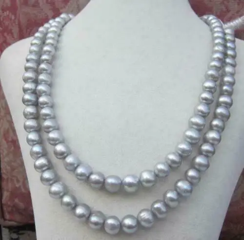 

NEW 2 ROW AAA8-9MM tahitian silver gray pearl necklace 18-20inch
