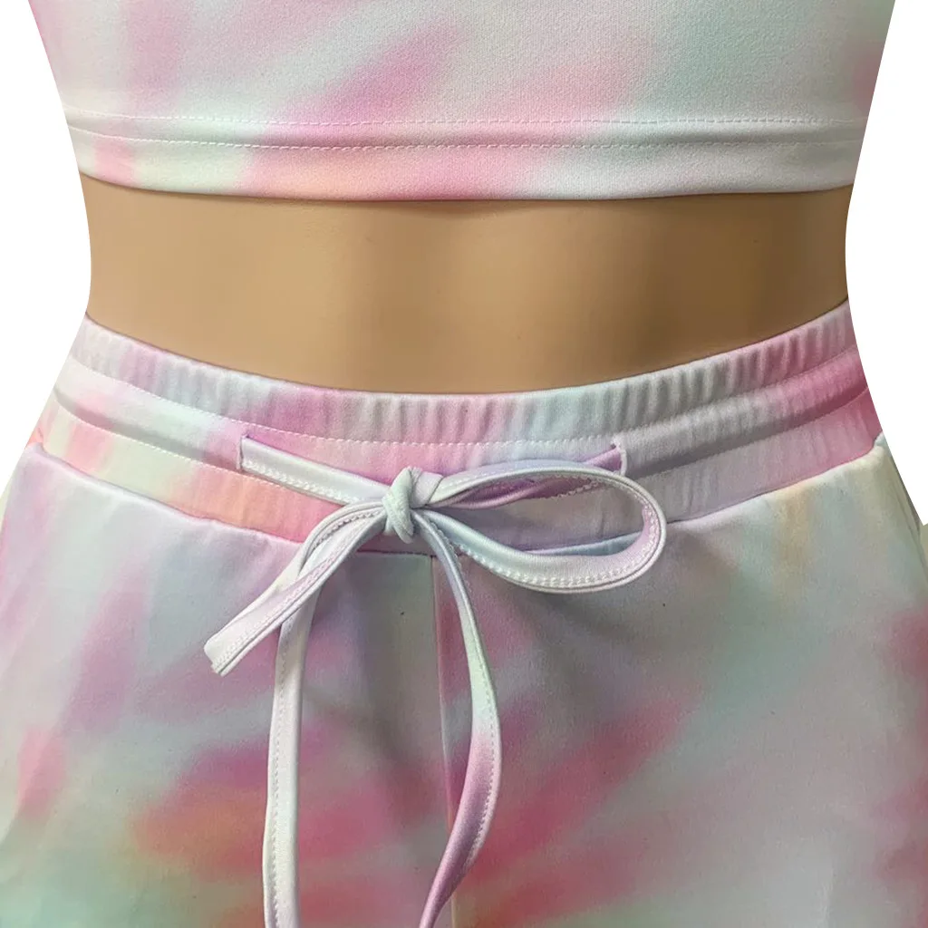 

Tie Dye Print Sporty 2 Piece Sets Women O Neck Short Sleeve Crop Top Elastic Waist Drawstring Bottoms Stacked Fitness Long Pants