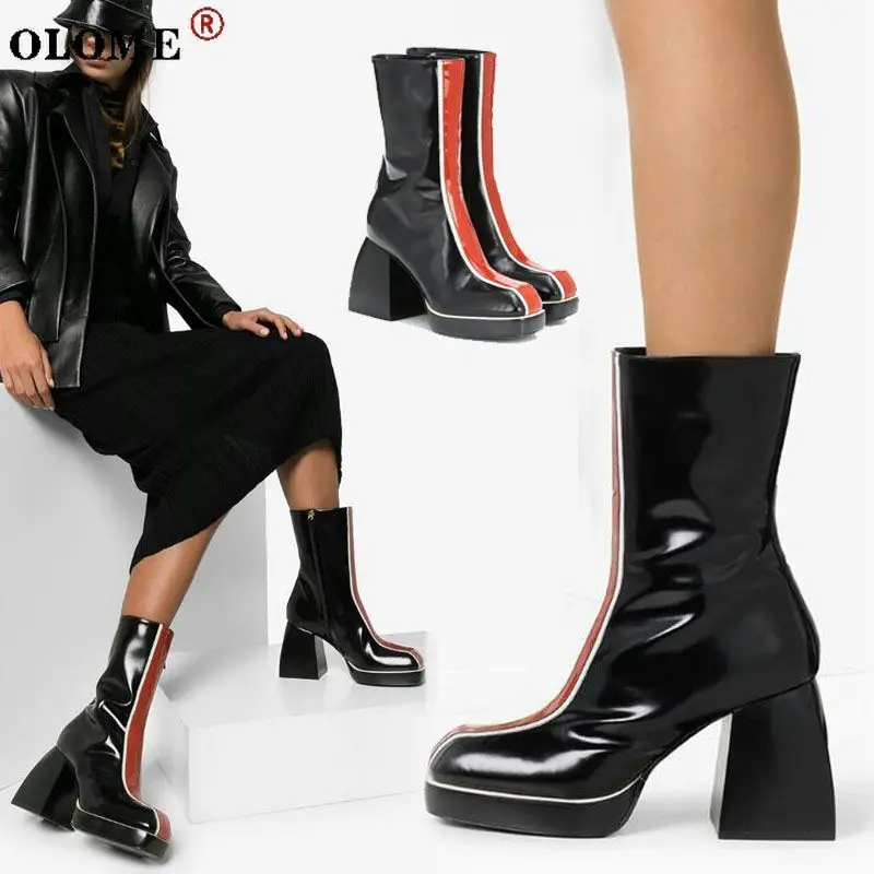 

New European and American Square Head Waterproof Platform Thick Heel Color Matching Fashion Ins Short Boots Platform High Heel