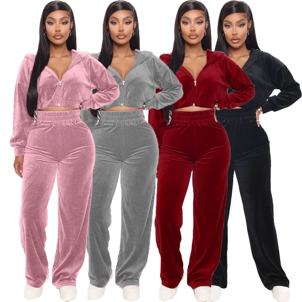 

Tracksuit Velvet 2 Two Piece Set Women Zipper Hoodies Crop Top+Wide Leg Pant Sweat Suits Jogging Femme Velour Chandal Mujer 2021