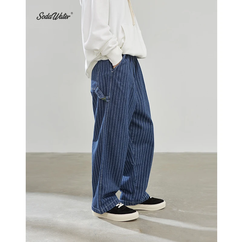 Sodaводяные мужские полосатые джинсы 2019 AW уличная свободные прямые джинсовые