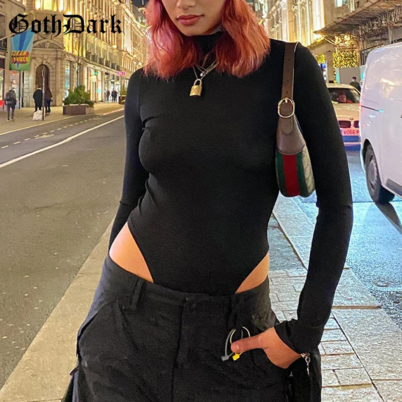 

Goth Dark Grunge Flare Sleeve Casual Women Bodysuits Gothic Basic Black Solid Bodycon Bodysuit Tops Y2k Punk O-neck Alt Clothing