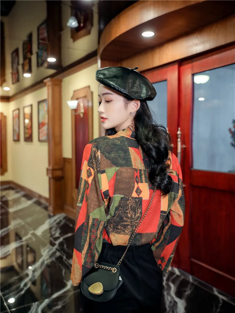 

XUXI 2020 Summer Women's Shirts Korean Color Block Vintage Tops Upholstery Holgada Orange Shirt Long Sleeve Shirt Loose FZ0984