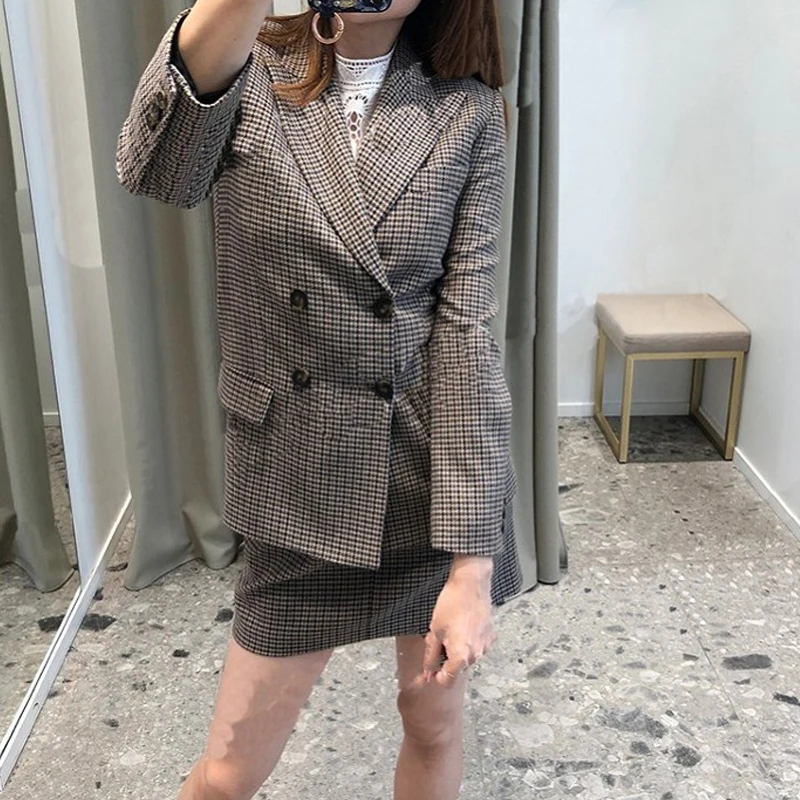 Женский блейзер в клетку двубортный элегантный пиджак из ткани гусиная лапка с
