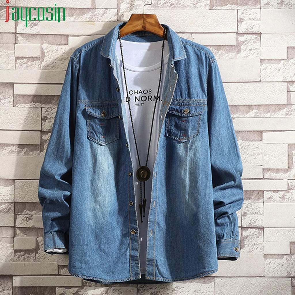 Мужская джинсовая рубашка синяя Повседневная Свободная в стиле хип хоп с