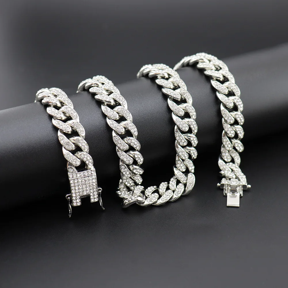 

Freewear Hip Hop Iced Out Paved Rhinestones 1Set 13MM Full Miami Curb Cuban Chain Bling Rapper Necklaces For Men Jewelry