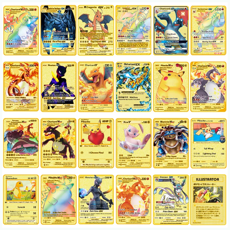 Juego de cartas de Metal de Pok&eacute;mon para ni&ntilde;os, juego de cartas de oro, Batalla de Anime, Pokemon, Pokemon Gold, HP, ingl&eacute;s, Kaarten, Charizard, Pikachu, colecci&oacute;n de acci&oacute;n, juguetes para ni&ntilde;os-0