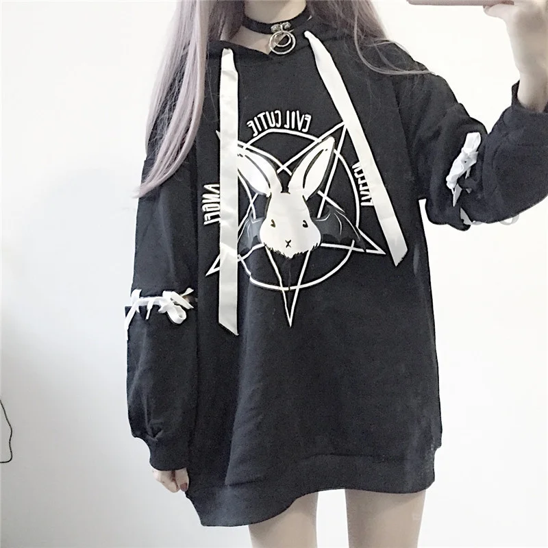 

Hoodies Autumn Women 2021 New Print Lace Up Gothic Punk Oversize Tops Long Sleeve Hooded Sweatshirt Pullover Streetwear