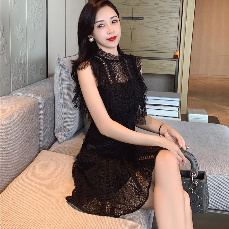 Женское кружевное платье без рукавов черное ажурное с оборками лето 2019|Женские