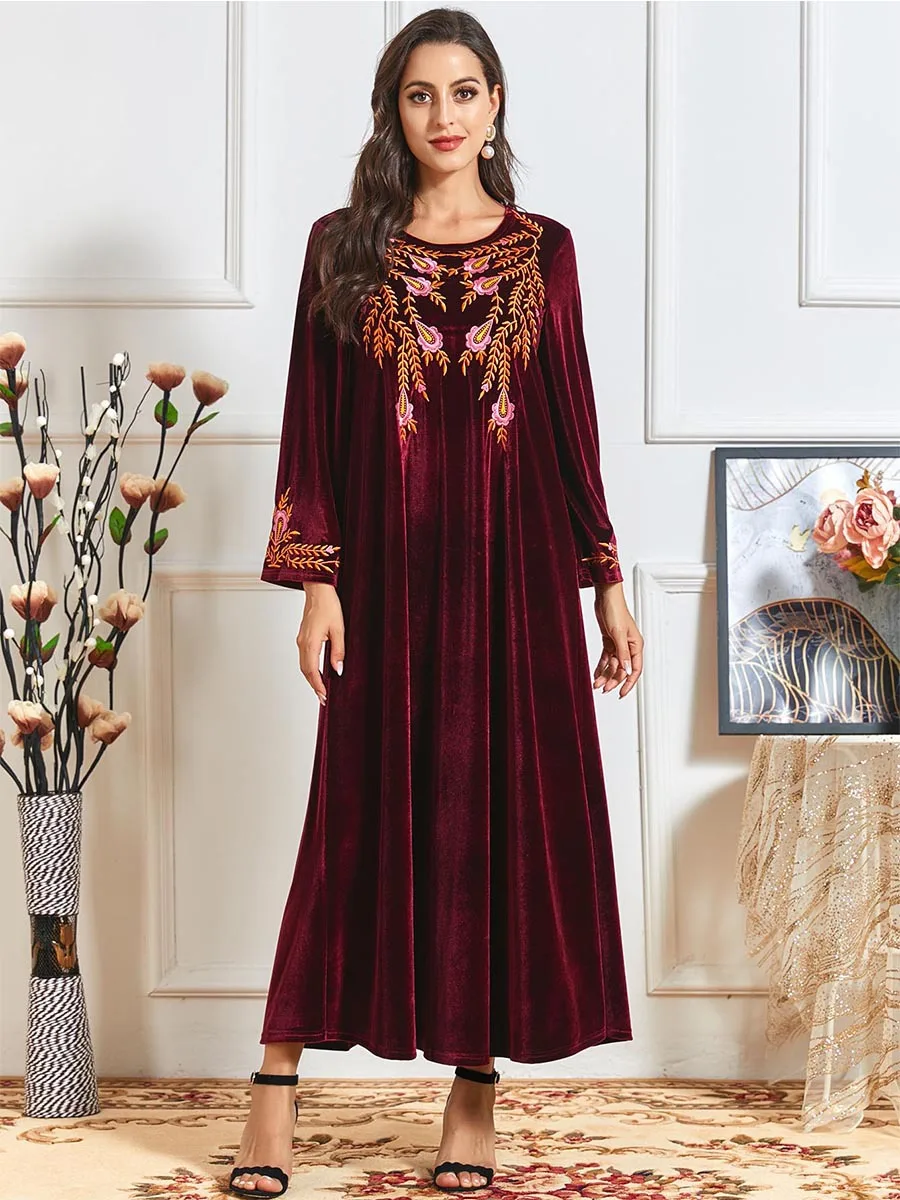 Abaya Muslim Shalwar Kameez Pakistani Dress Golden Velvet Embroidery Dubai Dress Maxi Thick Robe Long Sleeves Islamic 2023 Women
