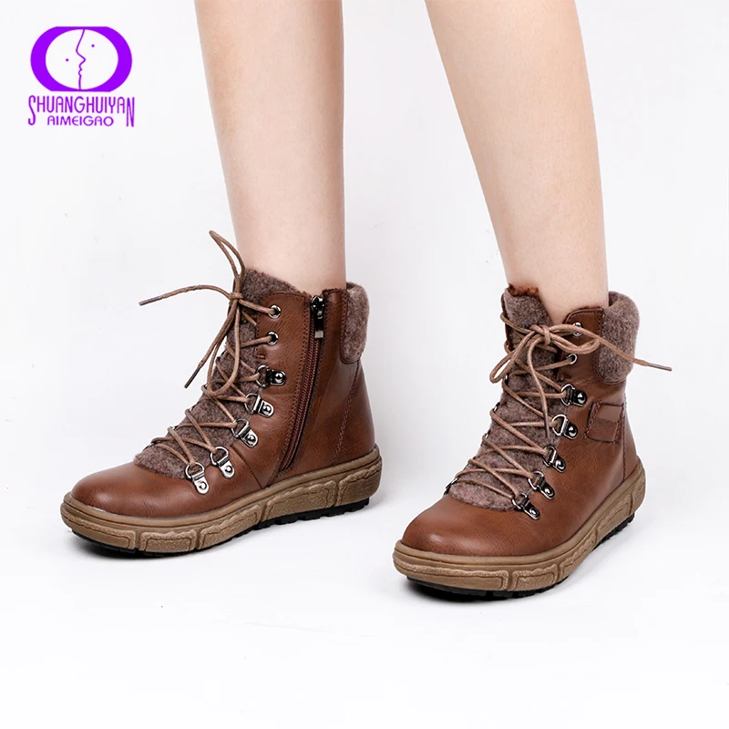 Женские кожаные ботинки AIMEIGAO черные водонепроницаемые ботильоны на плоской