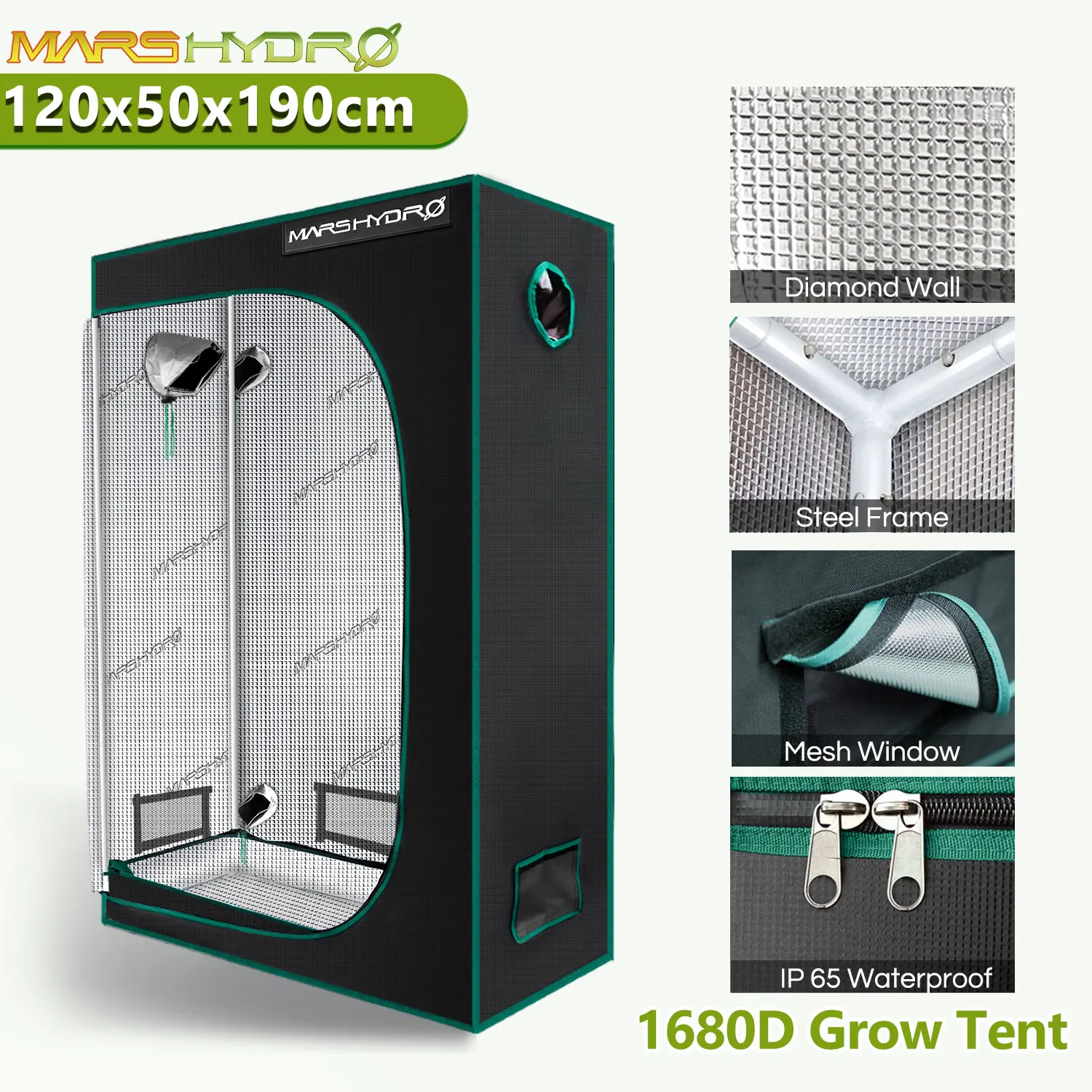 

Тент Mars Hydro для выращивания растений в помещении, тент для гидропонных систем, нетоксичный, 120 светоотражающий майлар, 1680D, 190*50 * 100% см