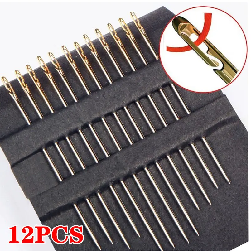 

12pcs Self-Threading Sewing Needles Stainless Steel Quick Automatic Threading Needle Stitching Pins DIY Punch Needle Threader