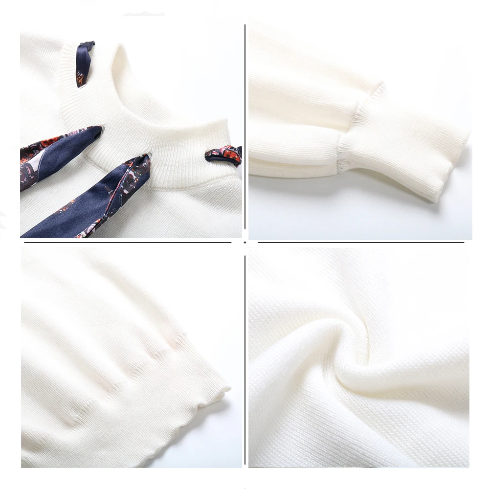 

Autumn and Winter Nice Pop Women's White Knitted Sweater Casual Fluffy Long Sleeve Round Neck Sweet Bow Pullover Women's Sweater