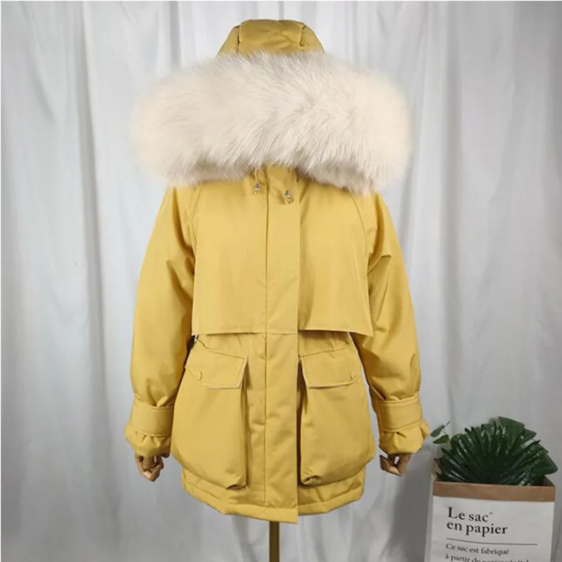 

Hooded Winter Coat for Women White Duck Down Pocket Jacket Thick Warm Parkas Female Outerwear Fur Collar Long Sleeve
