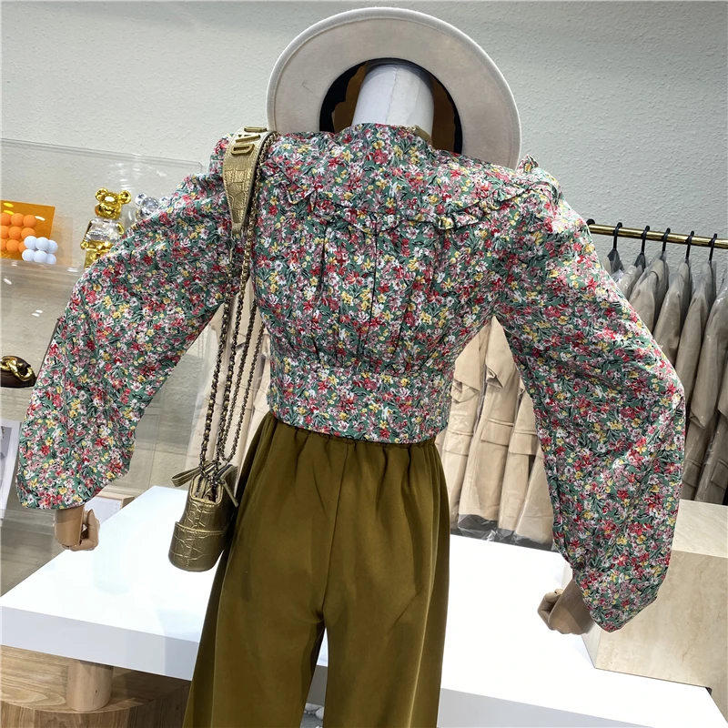 

Brand Original Design Flower Slimming High Waist Crop Shirt 2021 New Small Fresh Tie Square Collar Temperament Top