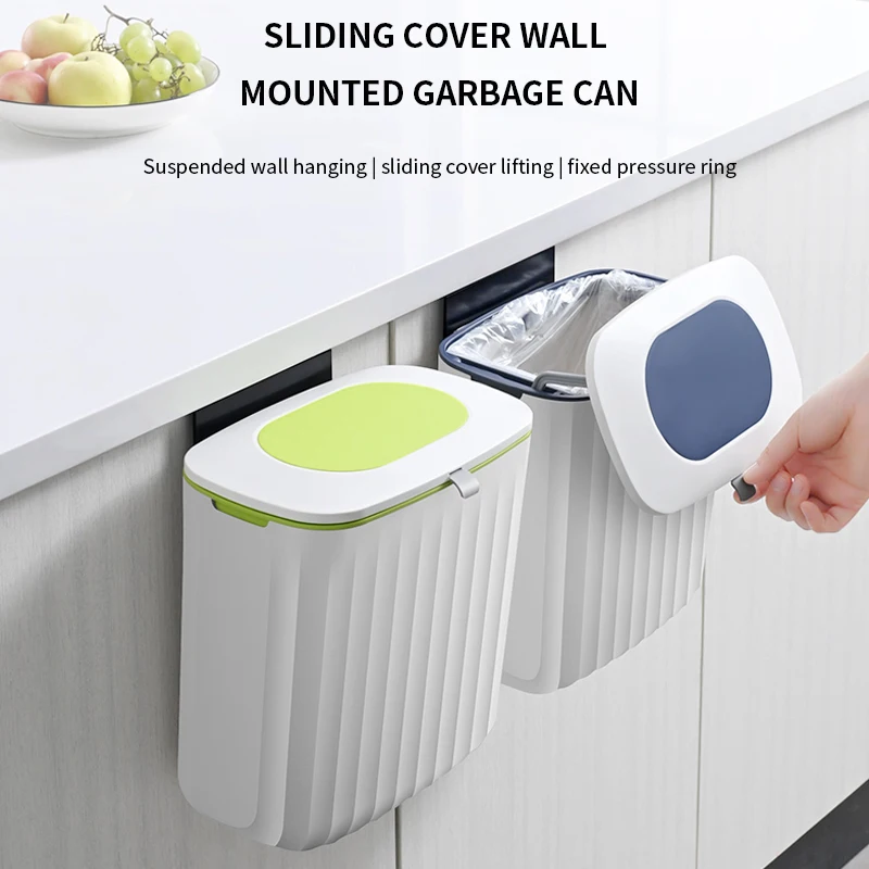 

7L/8L/9L Wall-Mounted Trash Can With Sliding Lid And Opening Lid Waterproof With Lid Recycling Kitchen Trash Can