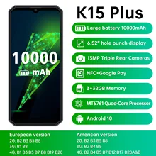 Oukitel celular k15 plus, smartphone de 6.52 polegadas, android 10, quad core, mt6761, 3gb ram, 32gb rom, câmera traseira de 13mp, bateria de 10000mah (2)